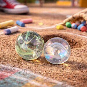 Oversized Swirl Marble Pair 39mm & 34mm Iridescent Clear + Green Ribbon